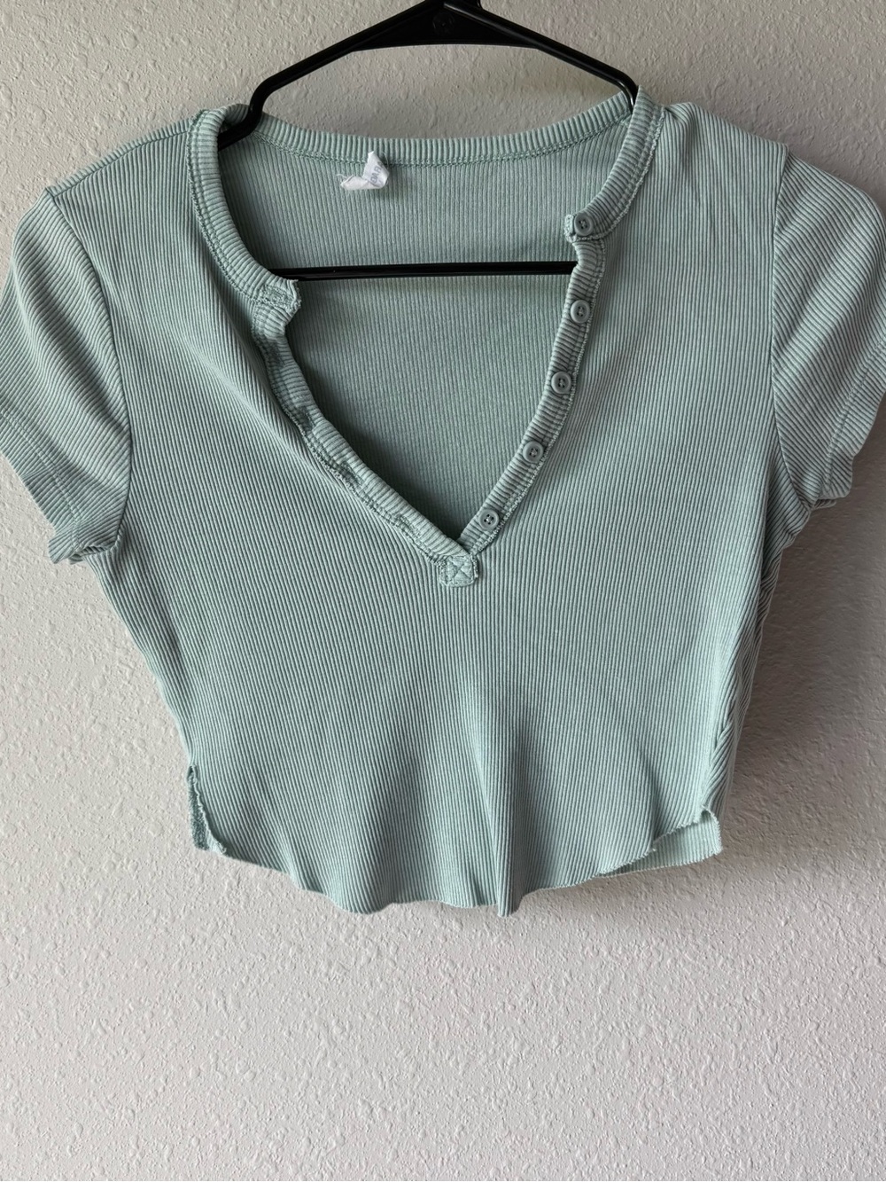 Garage Sage Green Ribbed Henley Button Crop Top